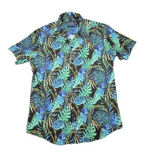 Broken Threads Mens Large Tropical Palm Leaf Gold Chain Button Down Shirt Blue